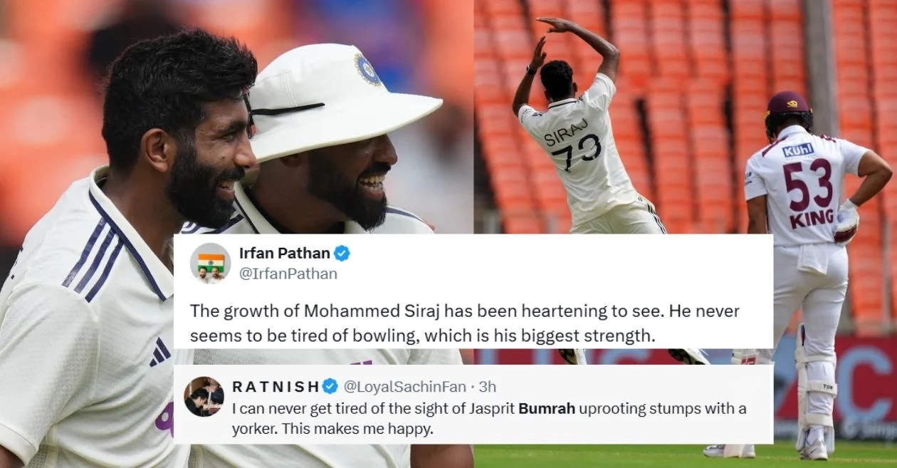 Fans celebrate after India rule Day 1 in Ahmedabad as Mohammed Siraj and Jasprit Bumrah devastate West Indies’ batting
