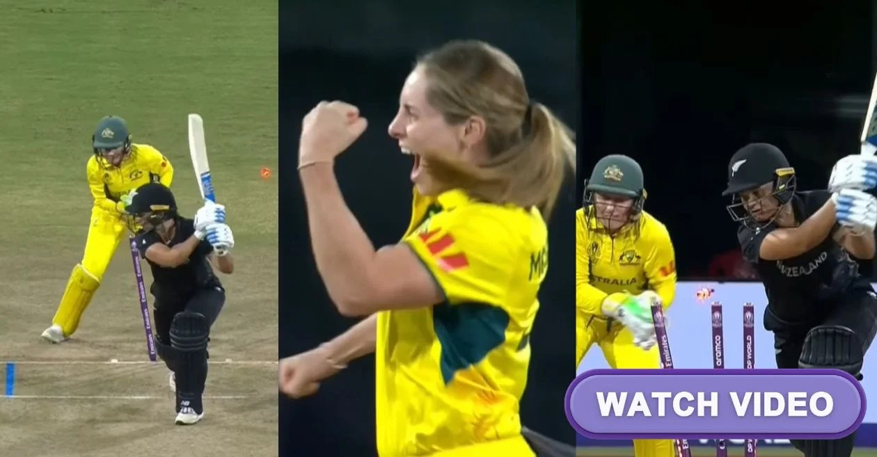 WATCH: Sophie Molineux roar in delight after shattering Suzie Bates’ stumps for her first-ever World Cup wicket | AUS-W vs NZ-W