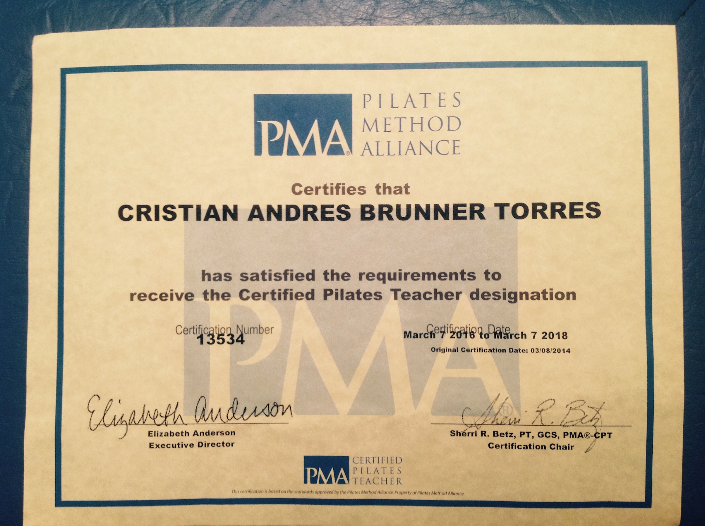 Certificado PMACPM Certified Pilates Teacher Designation Cristian