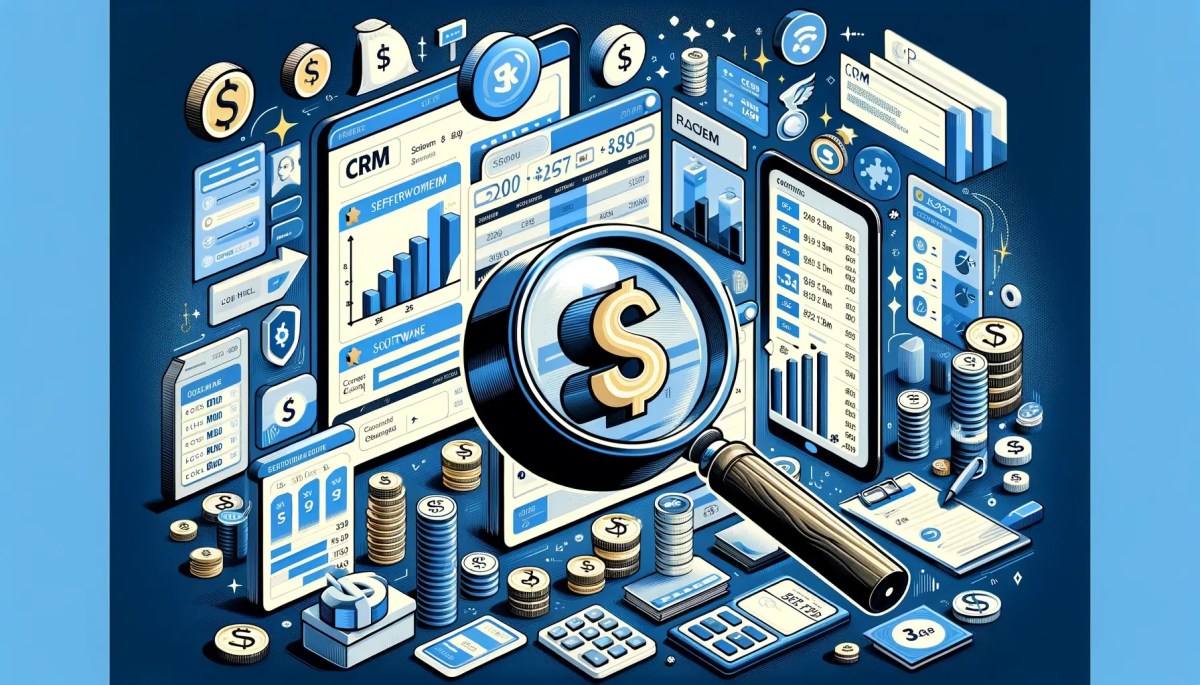 Infographic showing CRM software cost breakdown by vendor, features, and deployment type