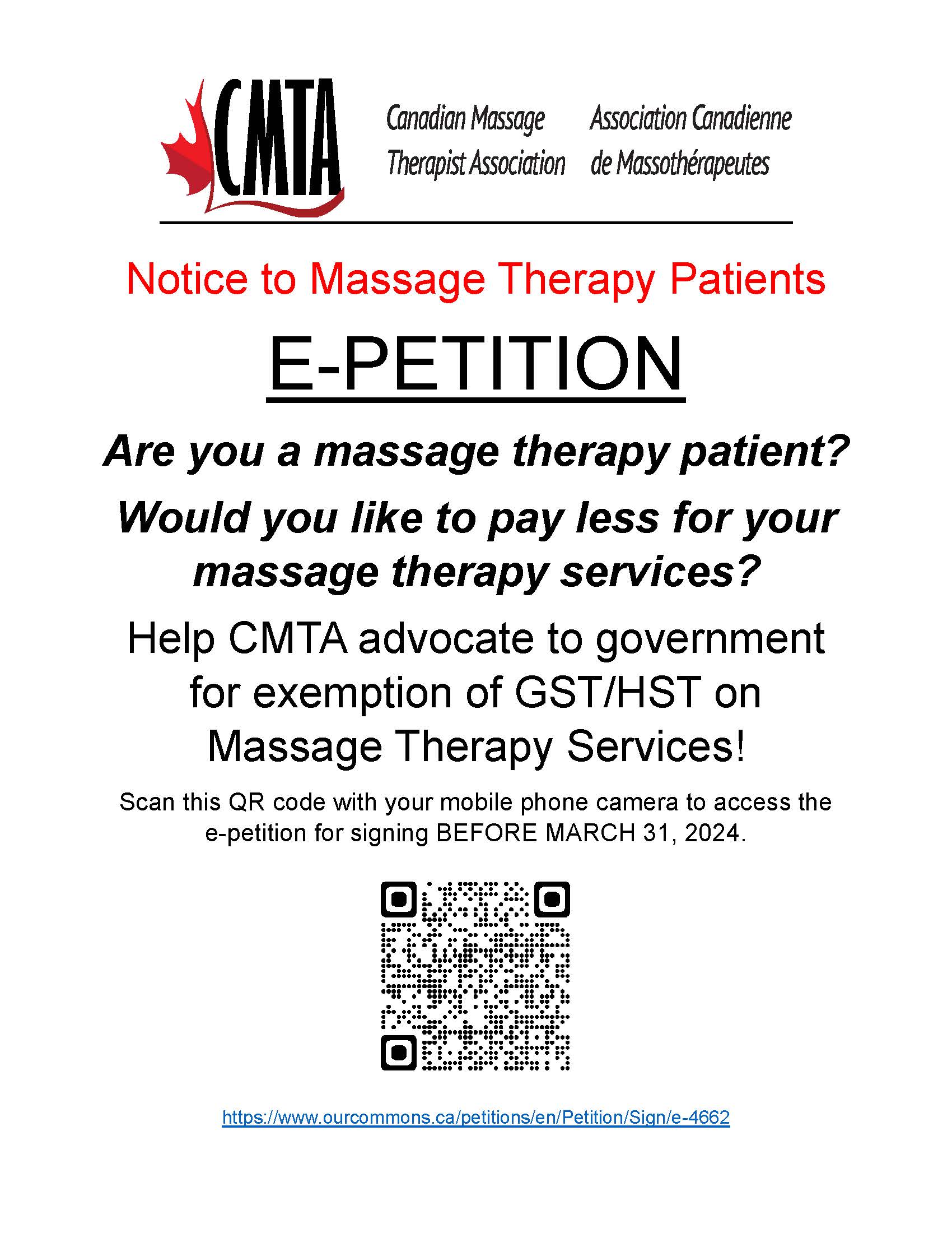 CMTA LAUNCHES PETITION FOR EXEMPTION OF GST/HST ON MASSAGE THERAPY
