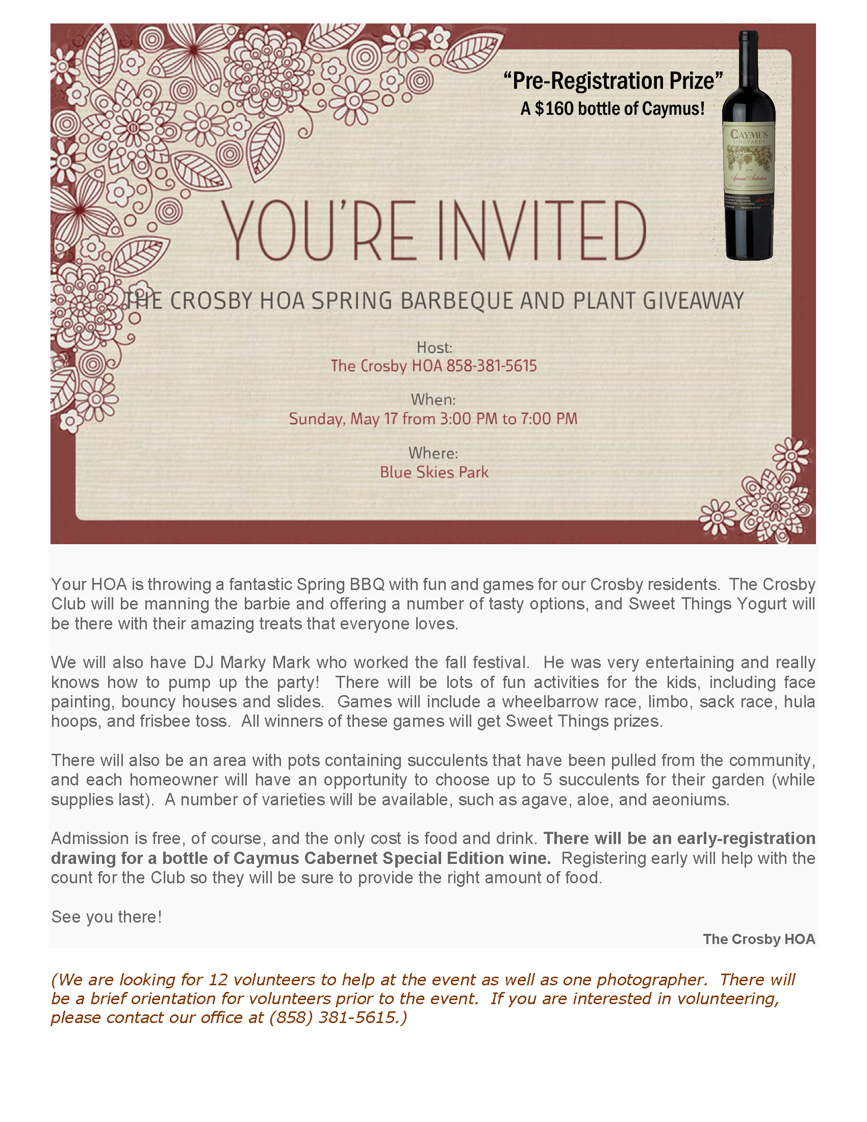 Spring BBQ PreRegistration Flyer Crosby Estate at Rancho Santa Fe