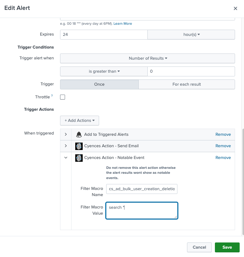 Alert Configuration SplunkCyencesAppforSplunk