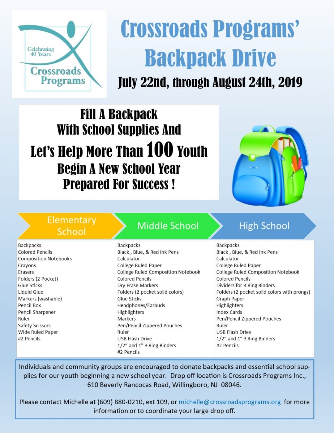 2019 Backpack Flyer Crossroads Programs