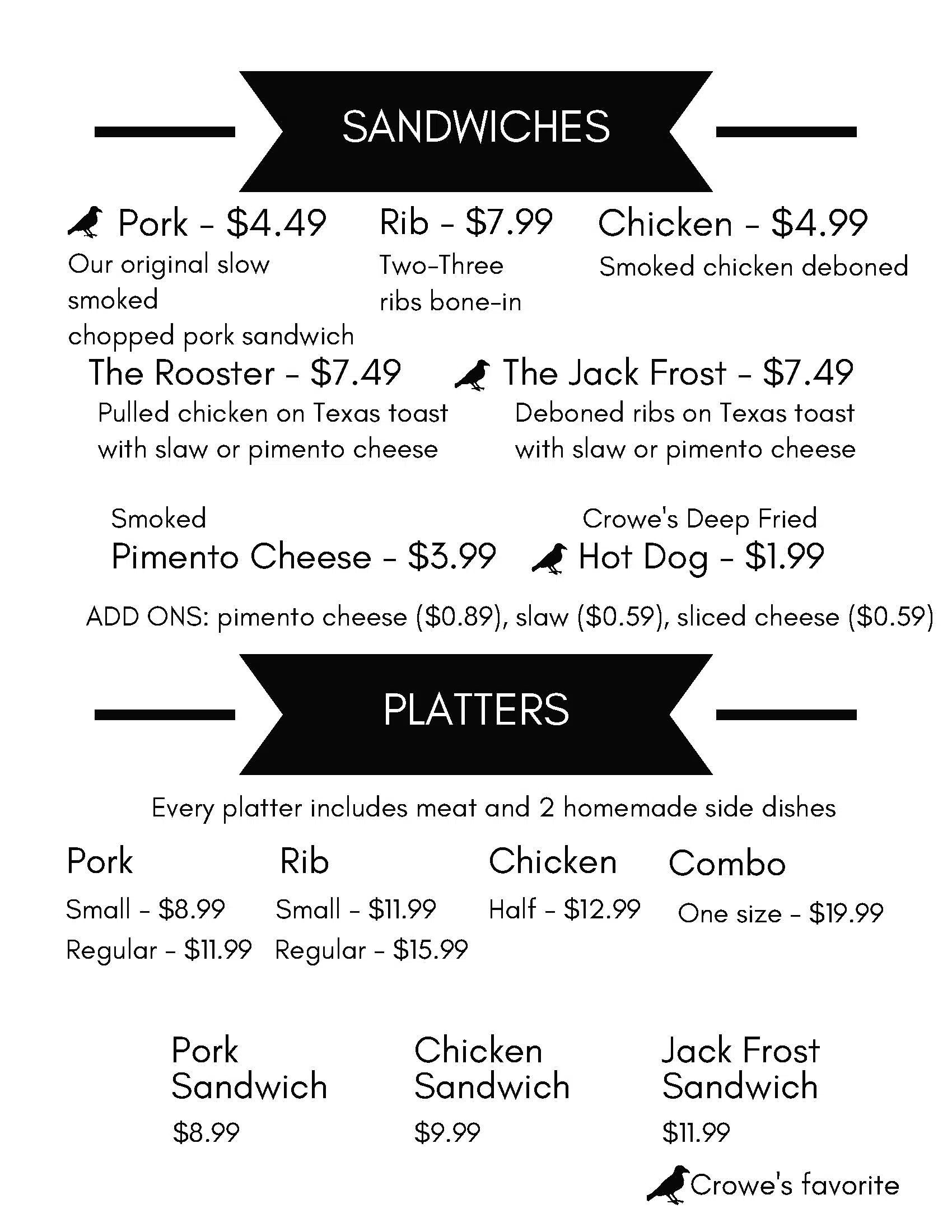 Menu Crowe's BarBQue