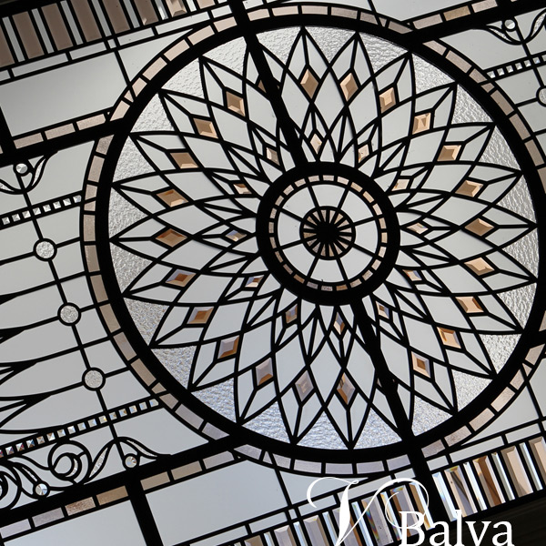 Stained leaded glass skylight w colored beveled glass and crystal jewels