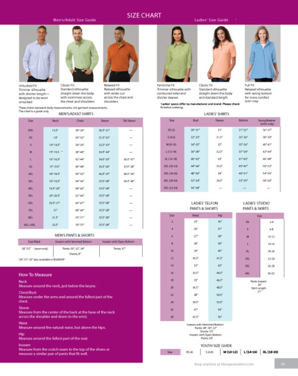 Blue Generation Size Chart CRT Apparel