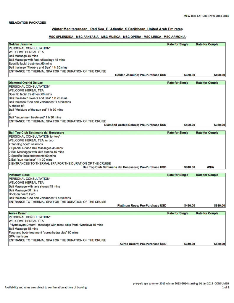 MSC Spa Price List cruise with gambee