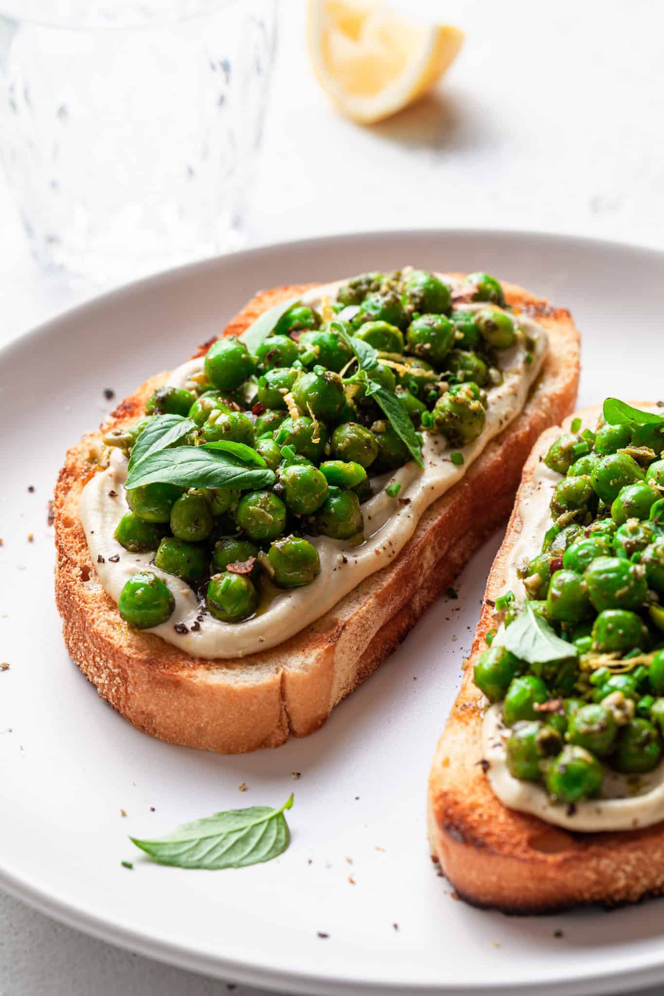 Pesto Pea Ricotta Toasts (Vegan) Crumbs & Caramel