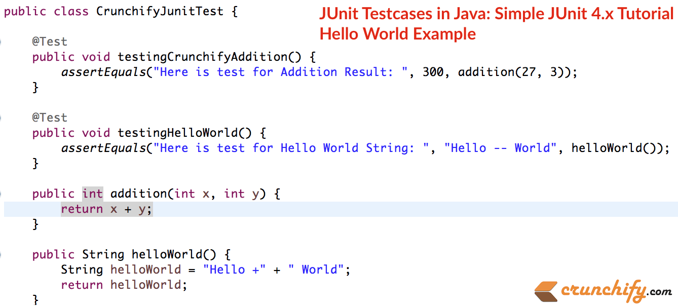 JUnit Testcases in Java Simple JUnit Hello World Tutorial with All in One Details • Crunchify