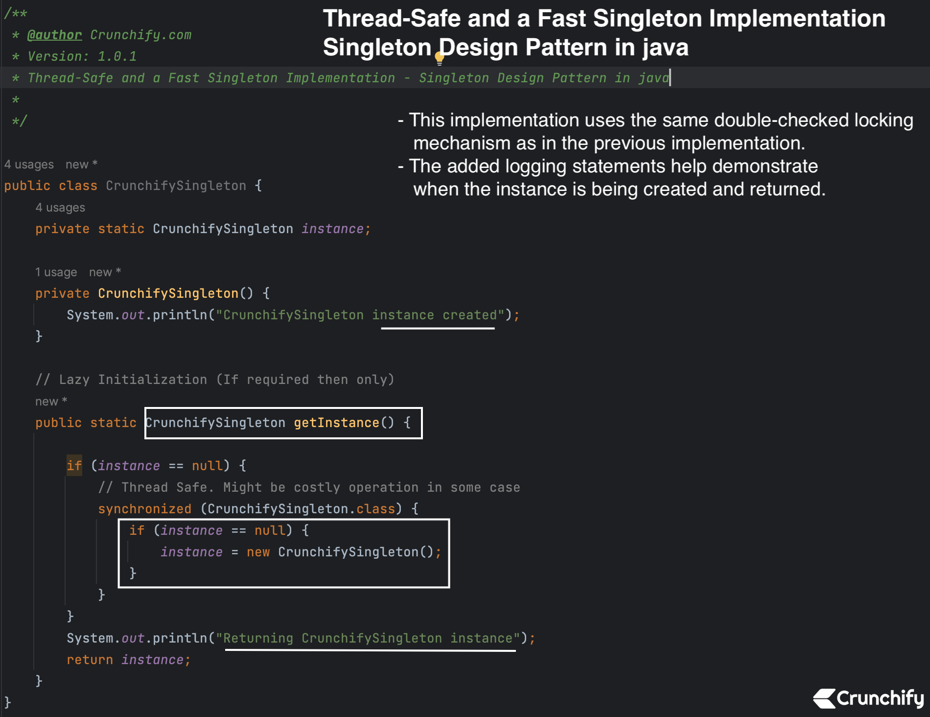 Singleton Design Pattern in java ThreadSafe, Fast Singleton