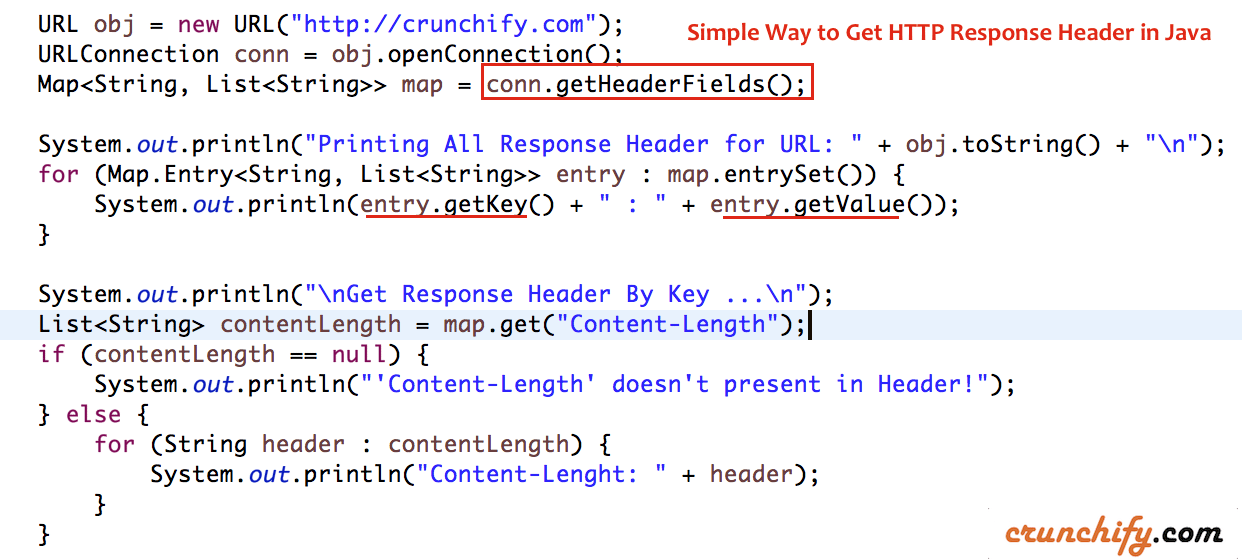 Simple Way to Get HTTP Response Header in Java conn.getHeaderFields
