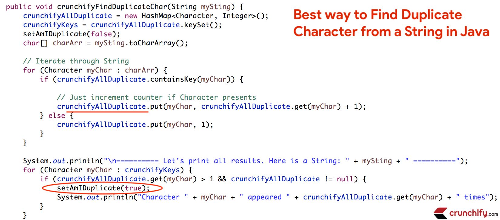 Best way to Find Duplicate Character from a String in Java • Crunchify