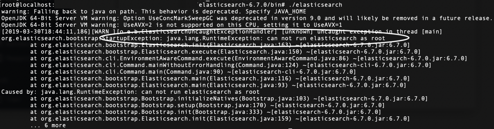 How to fix "java.lang.RuntimeException can not run elasticsearch as