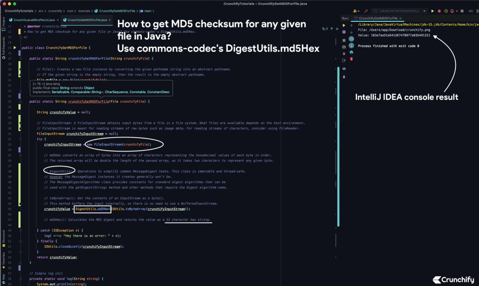 How to get MD5 checksum for any given file in Java? How to use Apache