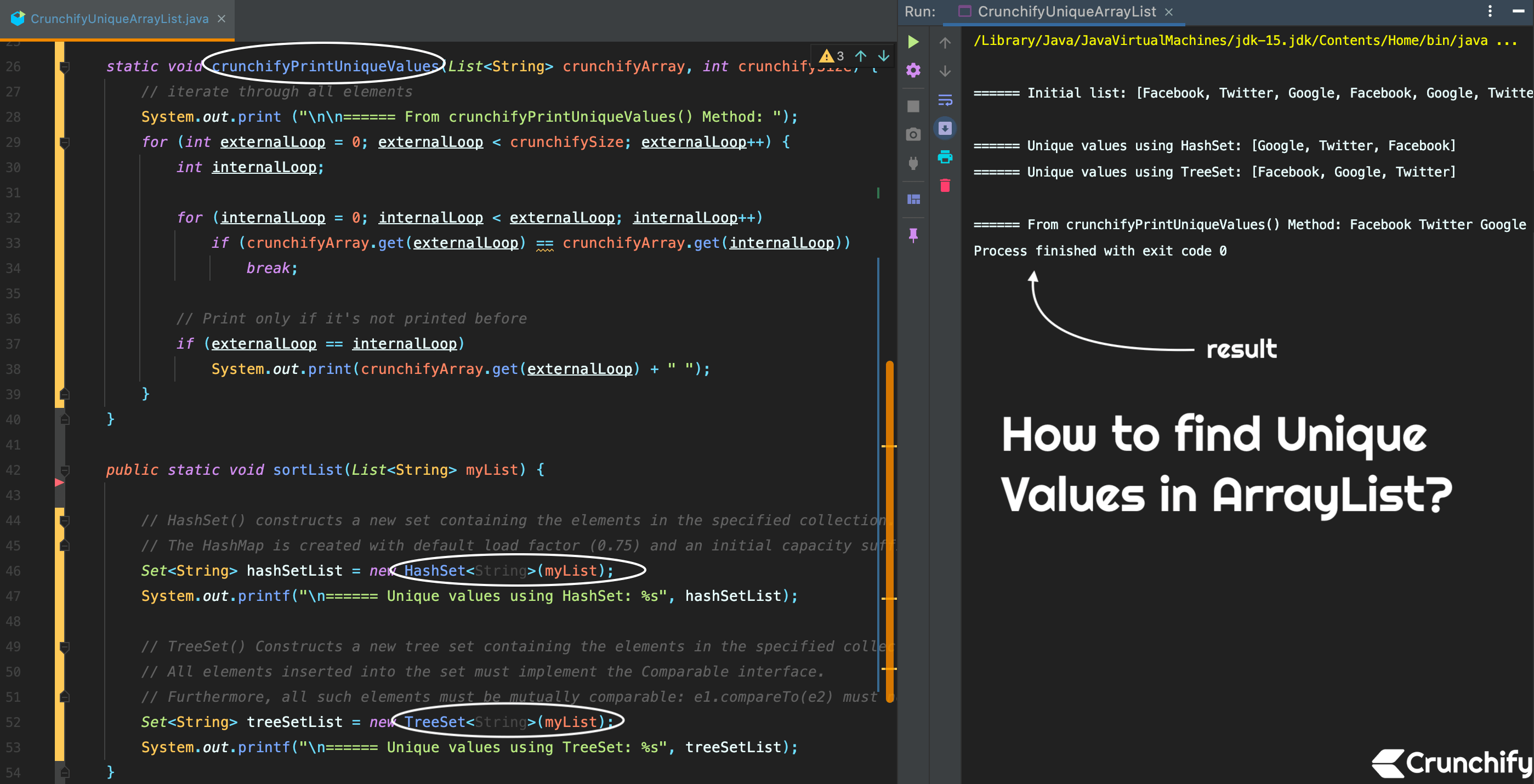 Java How to find Unique Values in ArrayList (using TreeSet, HashSet