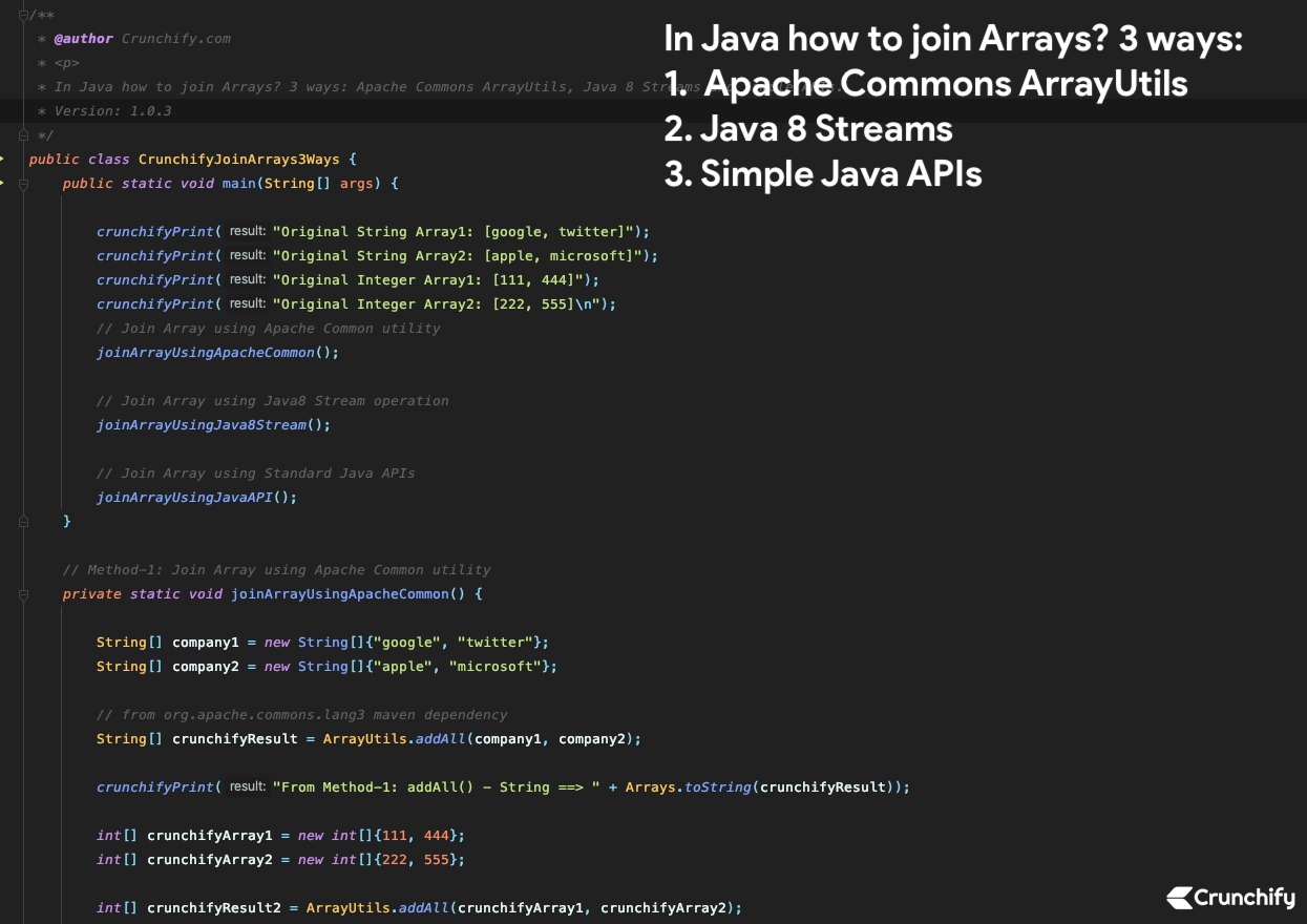 In Java how to join Arrays? 3 ways Apache Commons ArrayUtils, Java 8