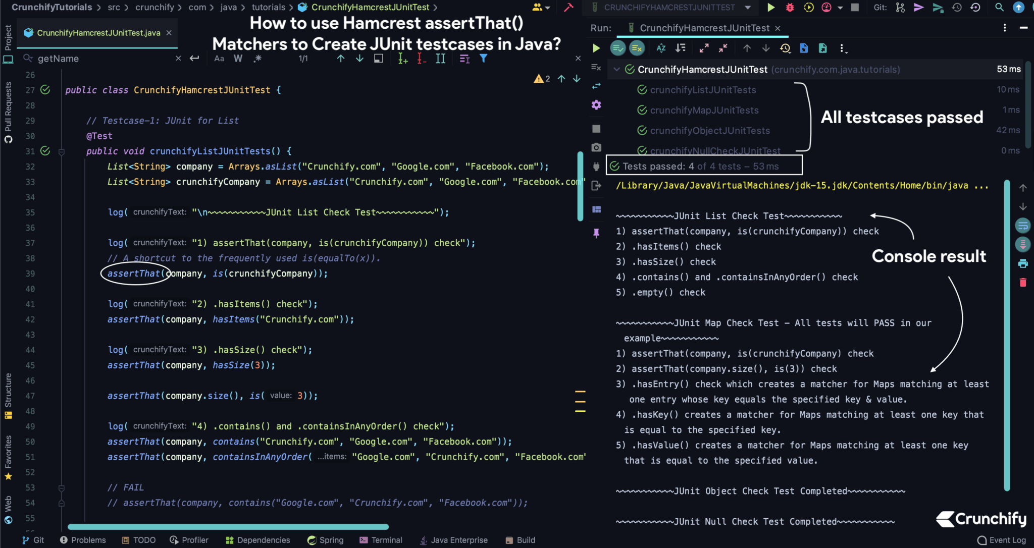 How to use Hamcrest assertThat() Matchers to Create JUnit testcases in