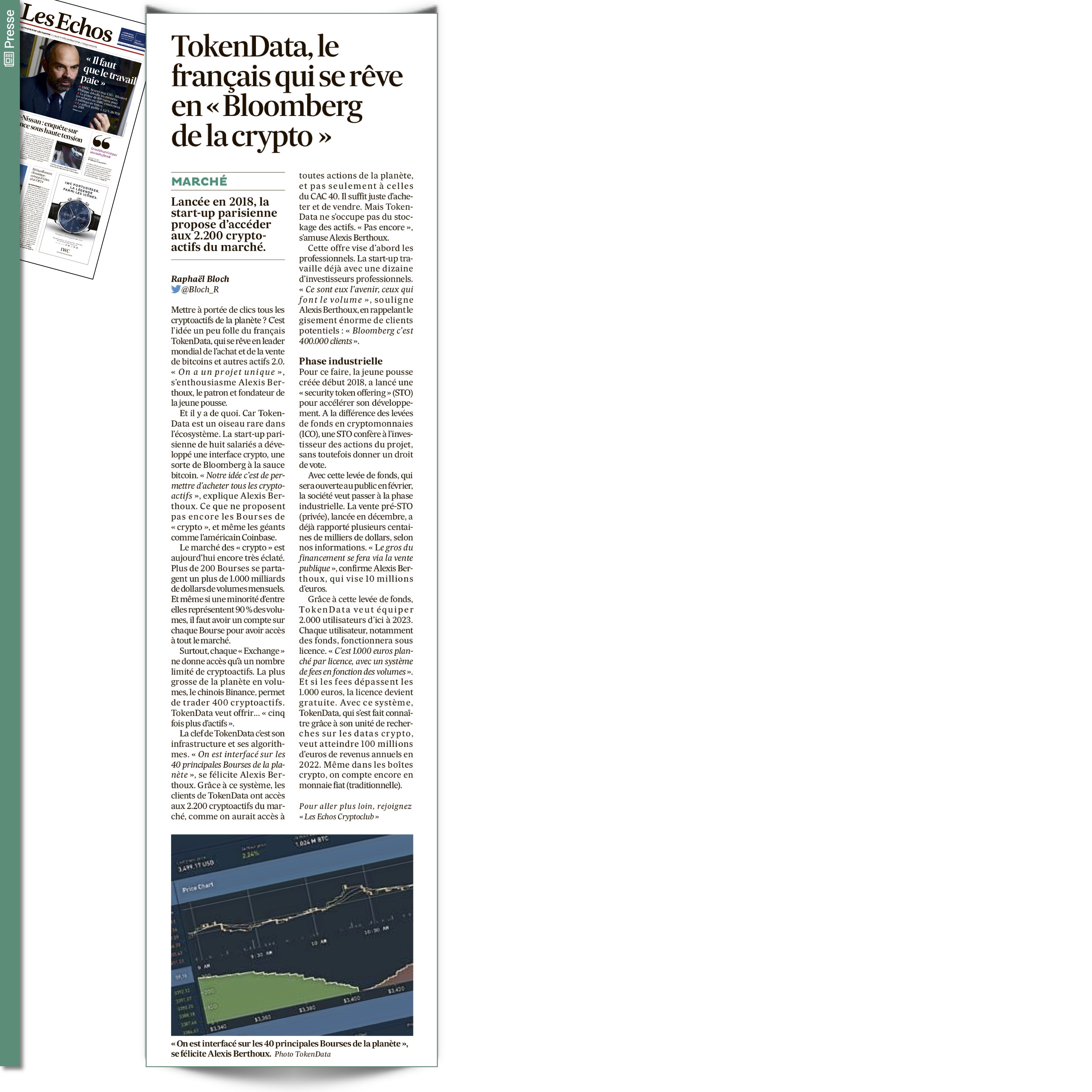 [Presse] Les Echos TokenData, le français qui se rêve en « Bloomberg de