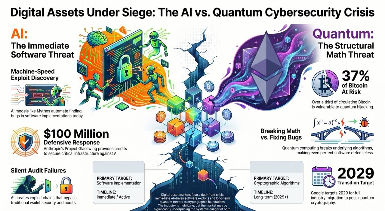 Infographic titled “Digital Assets Under Siege: The AI vs. Quantum Cybersecurity Crisis.” It compares AI as an immediate software threat with quantum computing as a longer-term cryptographic threat. The left side shows AI-driven exploit discovery, silent audit failures, and a $100 million defensive response. The right side shows Ethereum-themed quantum risk, a claim that 37% of Bitcoin is at risk, the difference between breaking math and fixing bugs, and a 2029 transition target for post-quantum cryptography. The center features cracked digital infrastructure with floating crypto symbols and bright orange, green, blue, and purple cyber-themed artwork.