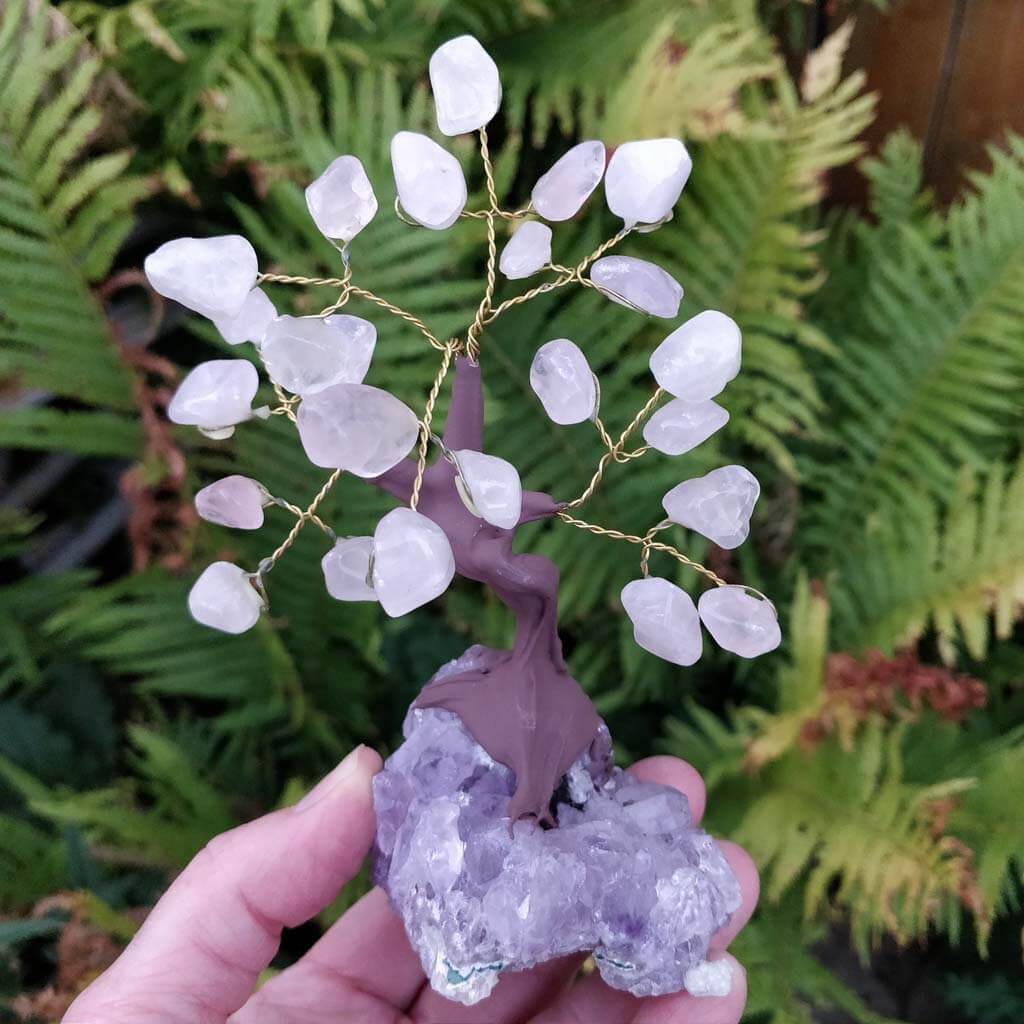 Small Rose Quartz Gemstone Tree with Amethyst Base Approximately 5