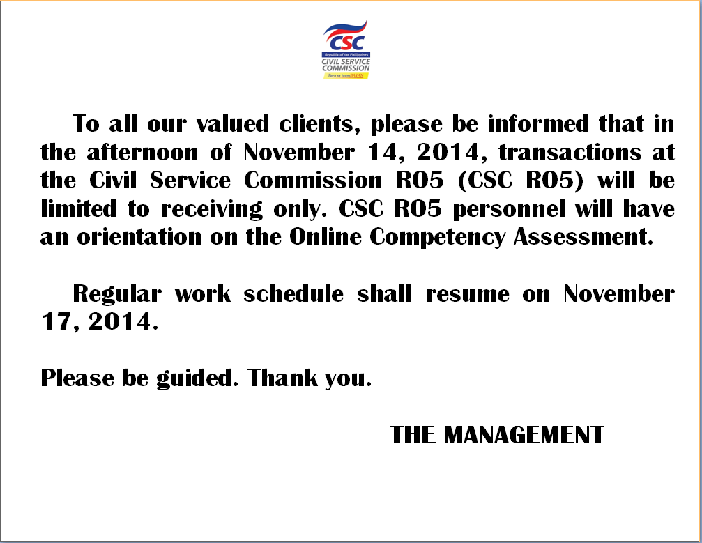 CIVIL SERVICE COMMISSION REGIONAL OFFICE NO. 5