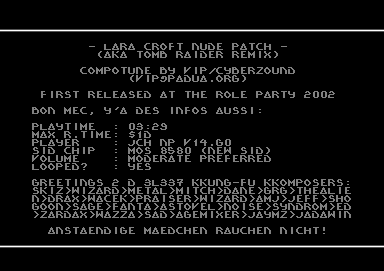 [CSDb] - Lara Croft Nude Patch by Cyberzound Productions and Padua and