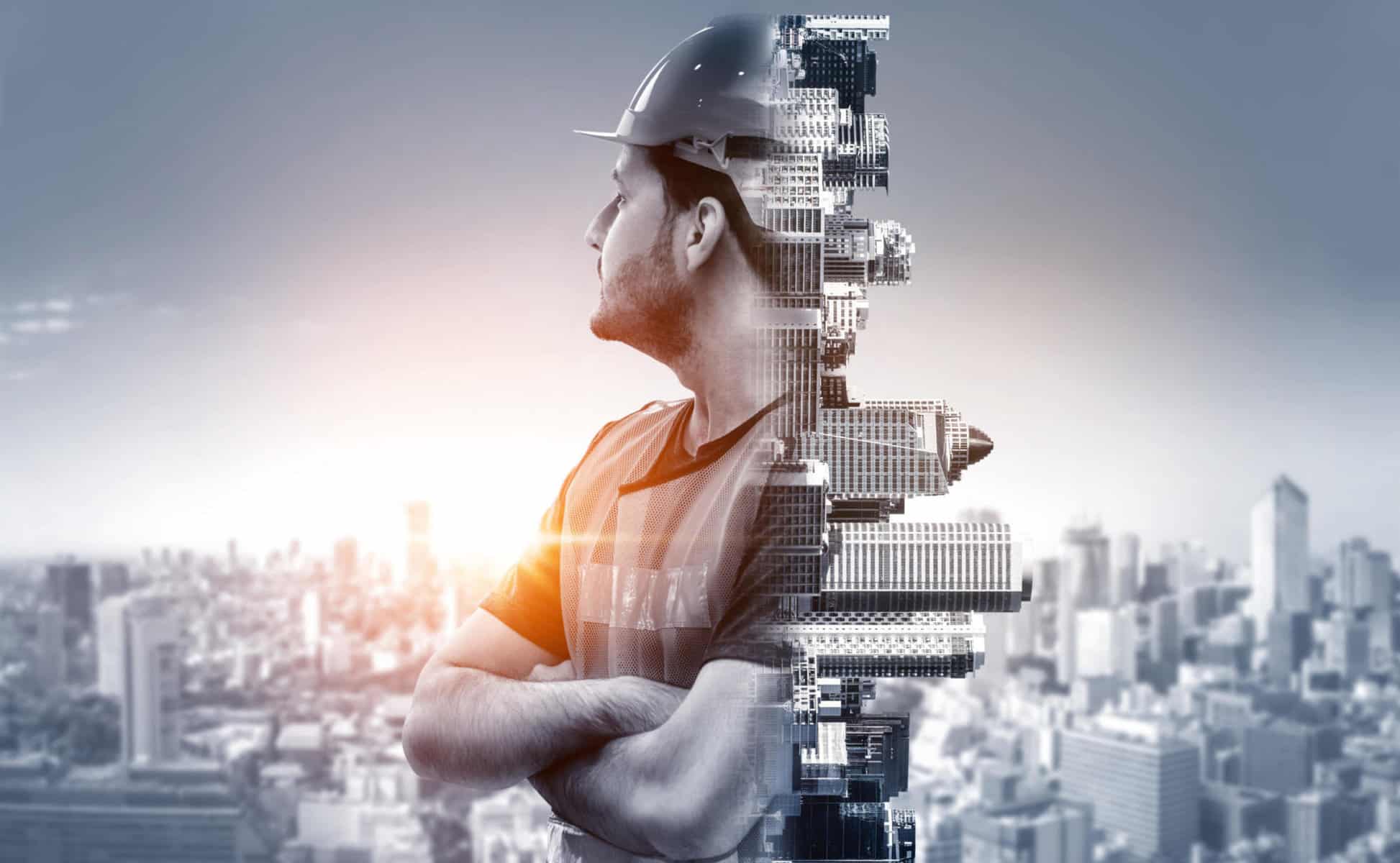 Future building construction engineering project concept with double exposure graphic design