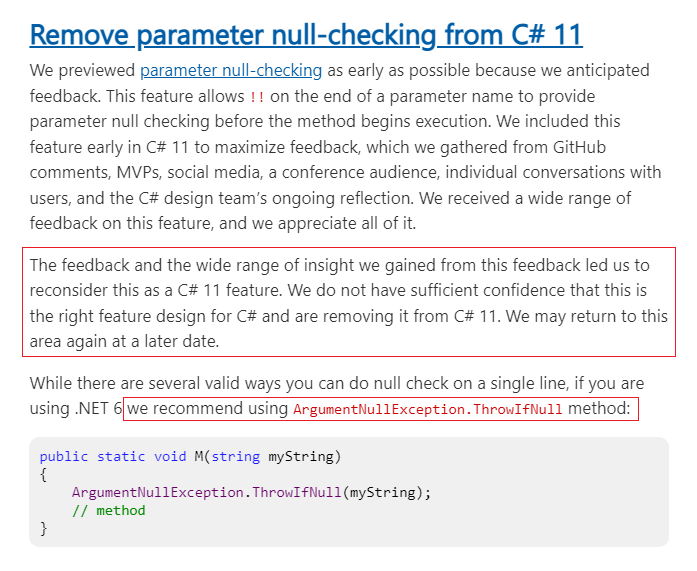 Microsoft drops parameter null checking operator from C11 CSharp Academy