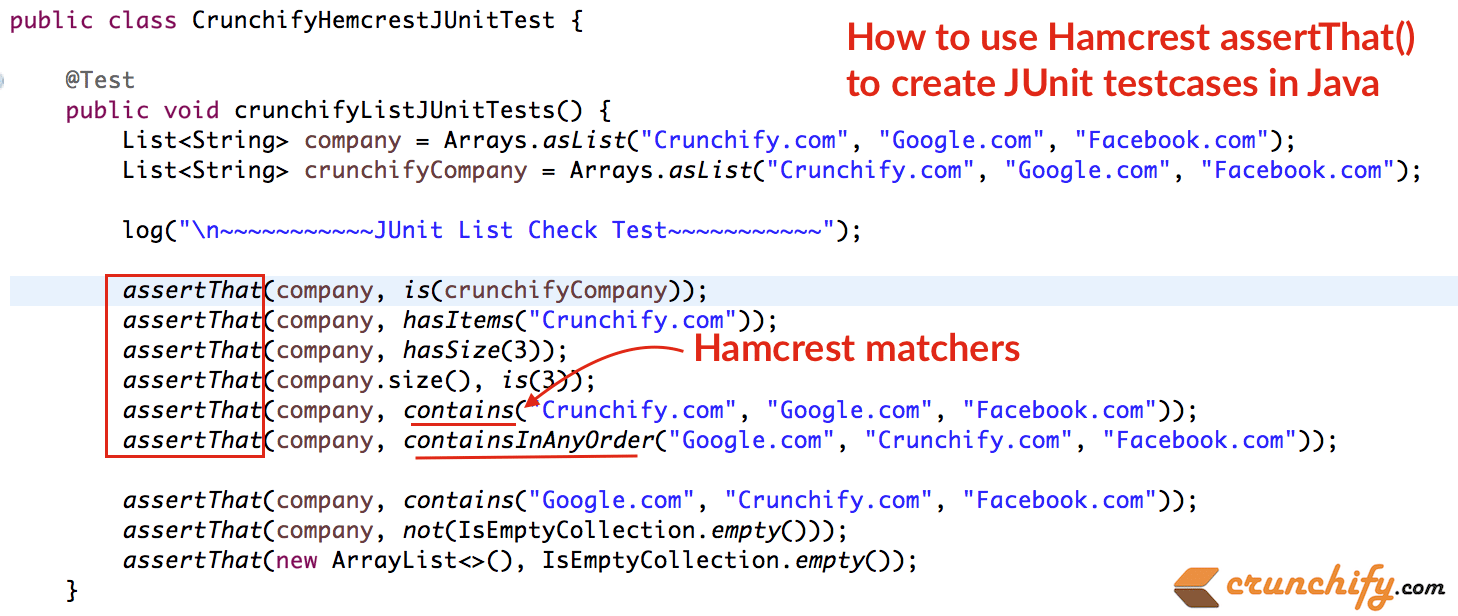 Как использовать Hamcrest assertThat () Matchers для создания тестовых