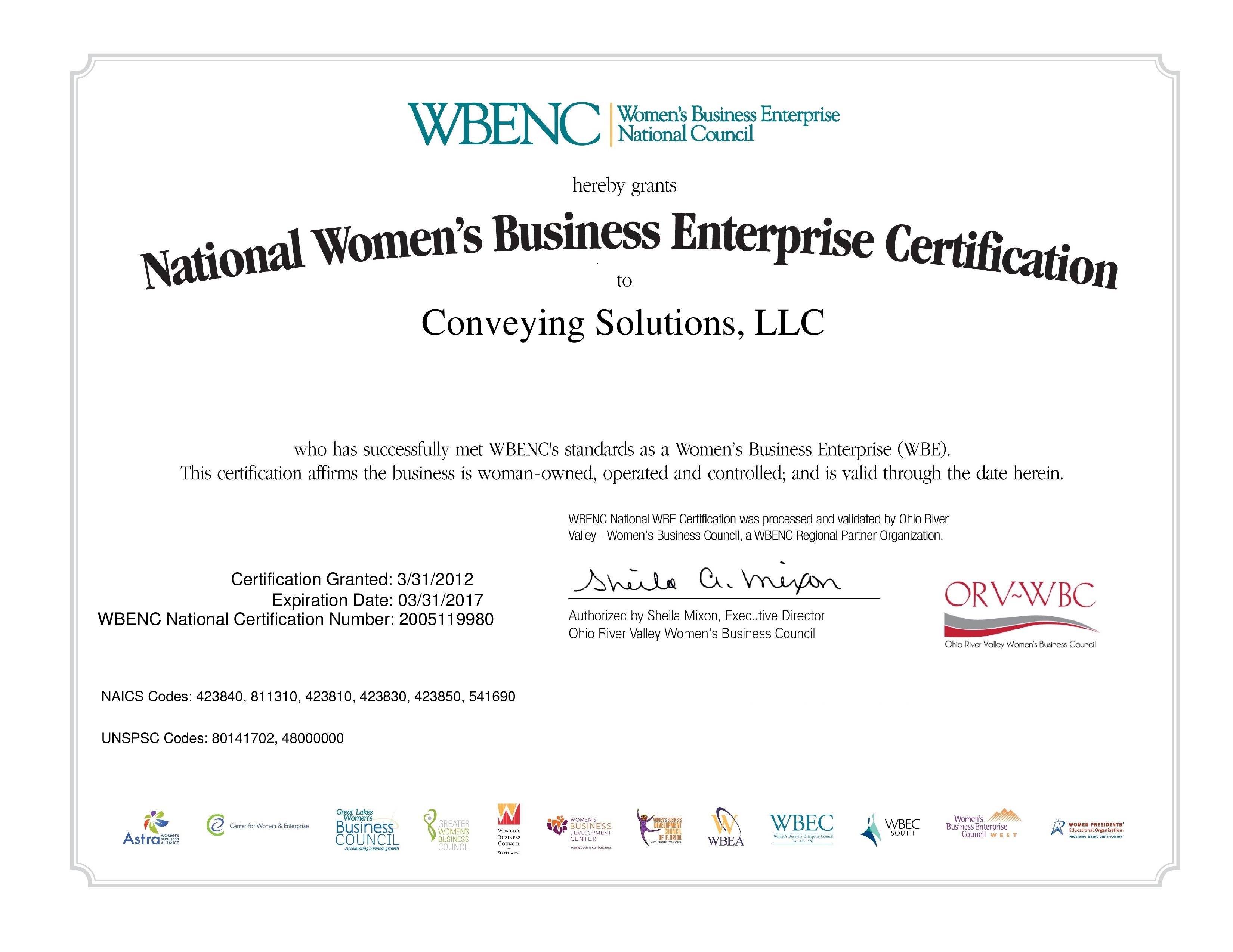 Certified Woman Owned Business Conveying Solutions, LLC®