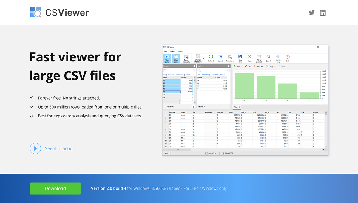 Download free fast CSV file viewer