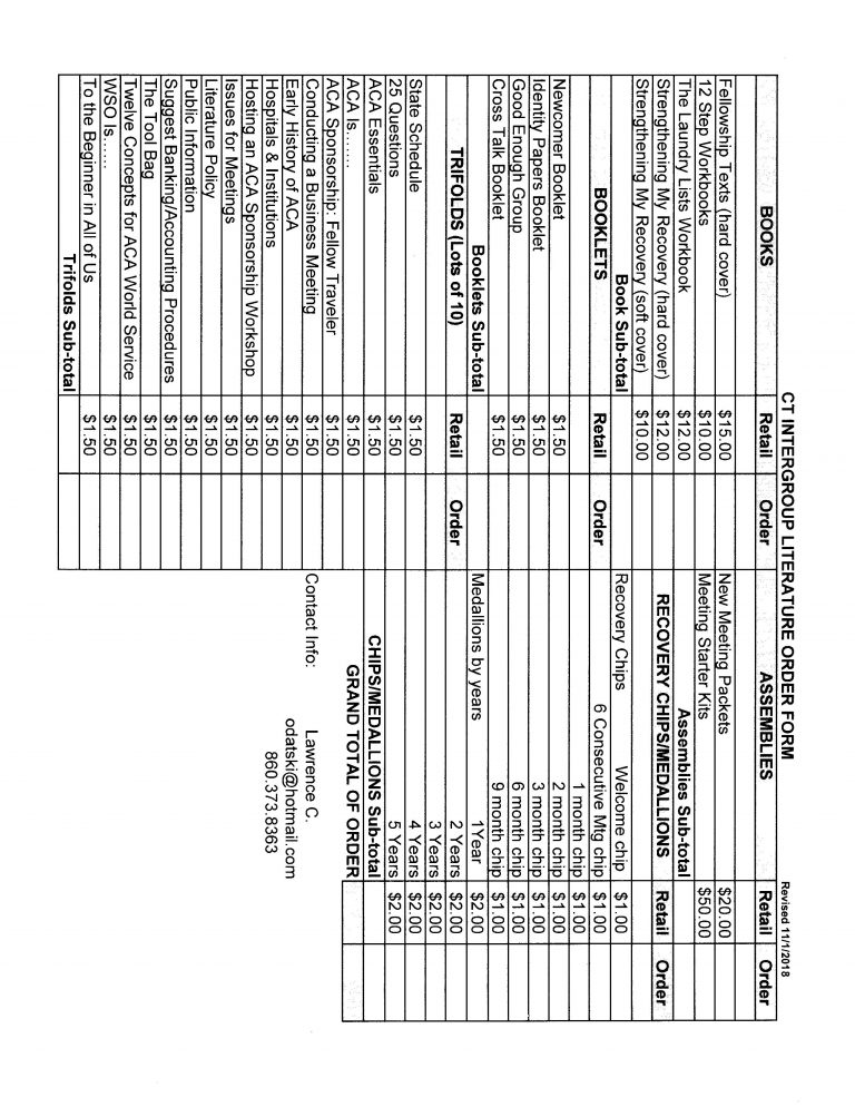 ACA Literature Order Form Connecticut Adult Children of Alcoholics
