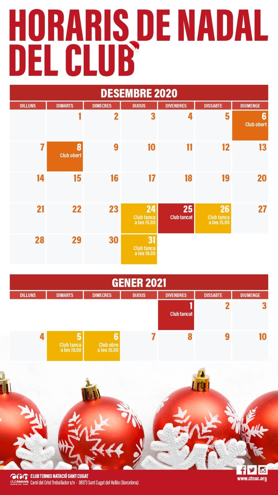 Calendari Nadal Club Tennis Natació Sant Cugat CTNSC