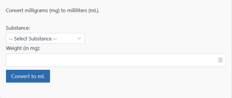 Milligrams to Milliliters Calculator - Convert Mg To mL