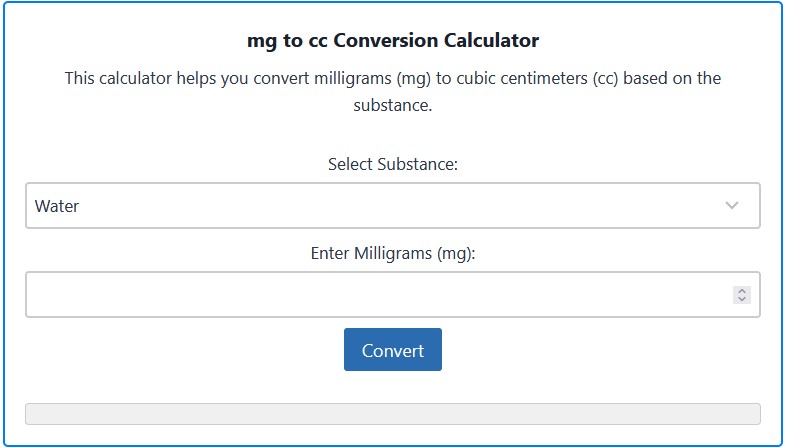 mg to cc Conversion - Milligrams to Cubic Centimeters Calculator