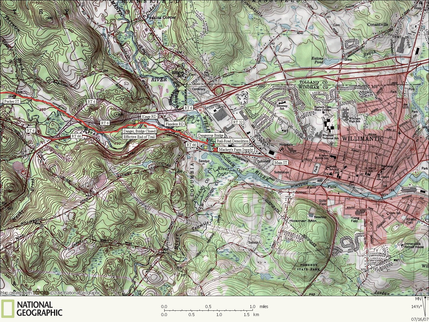 Hop River Bike Trail Hiking Map, Willimantic