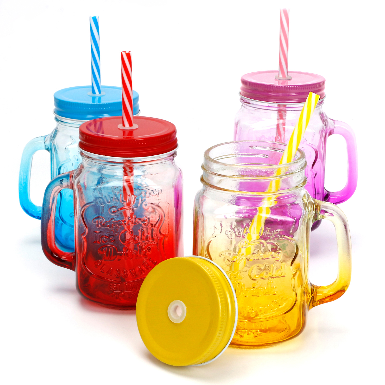 16 oz Mason Jars with Handles w/black Lids and Hard Plastic Reusable