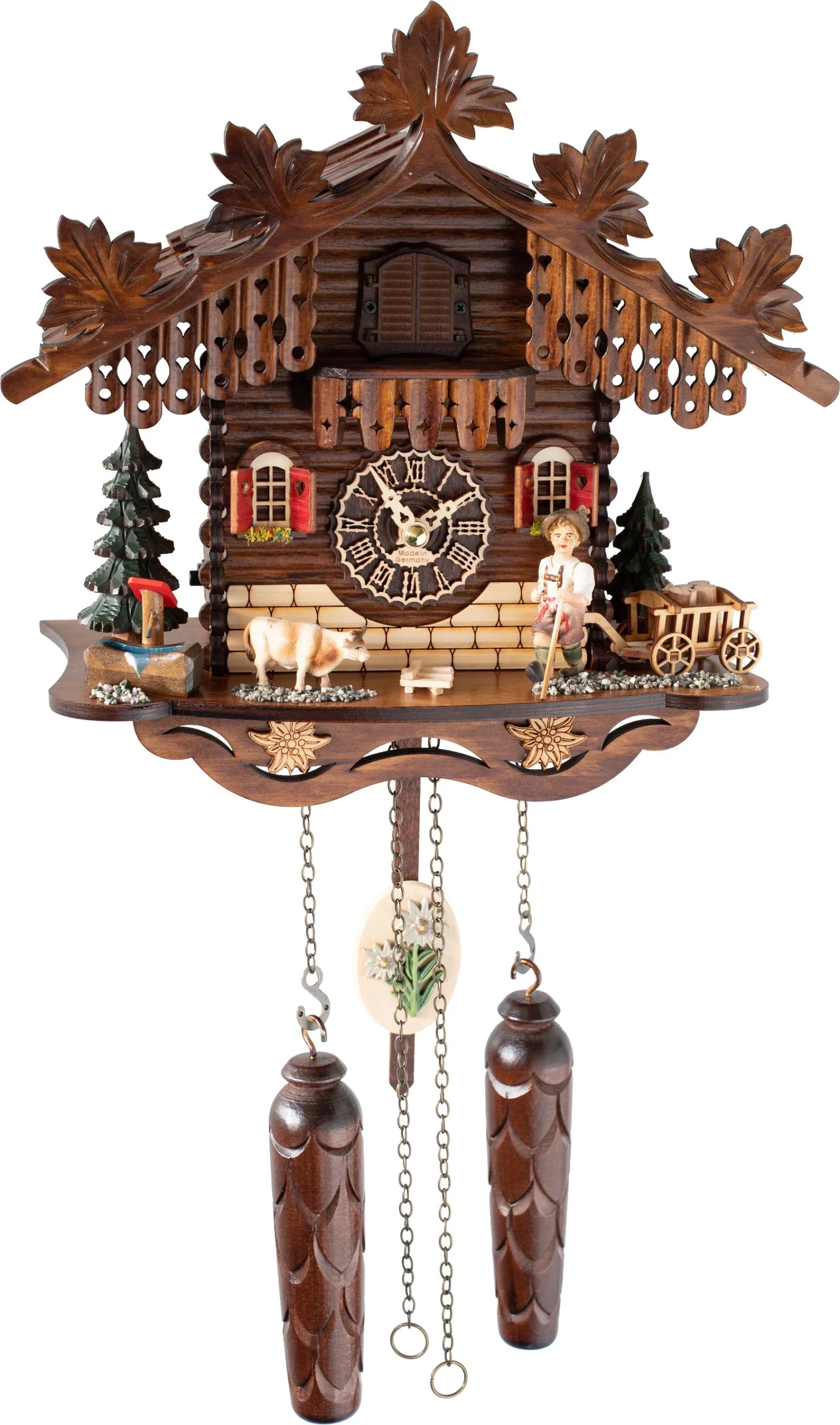 Black forest Cuckoo clock house with hand cart , Leaves , Well and a