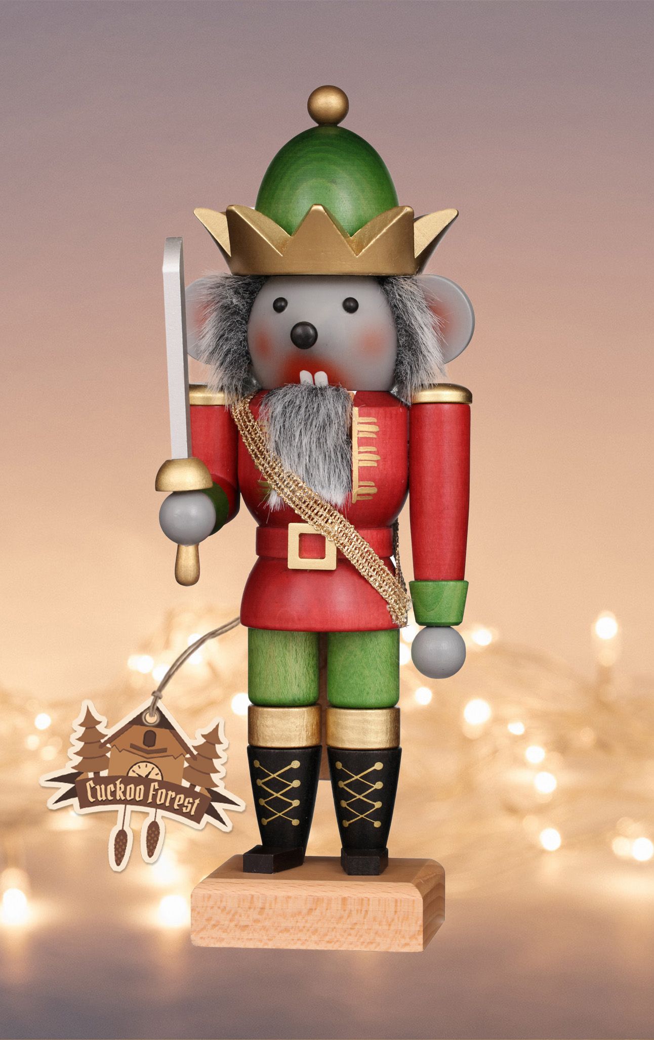 German Nutcracker Gray Mouse King in red and green festive attire with