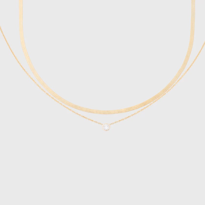 14k dainty herringbone + berkeley diamond necklace layering set Cuffed by Nano LLC