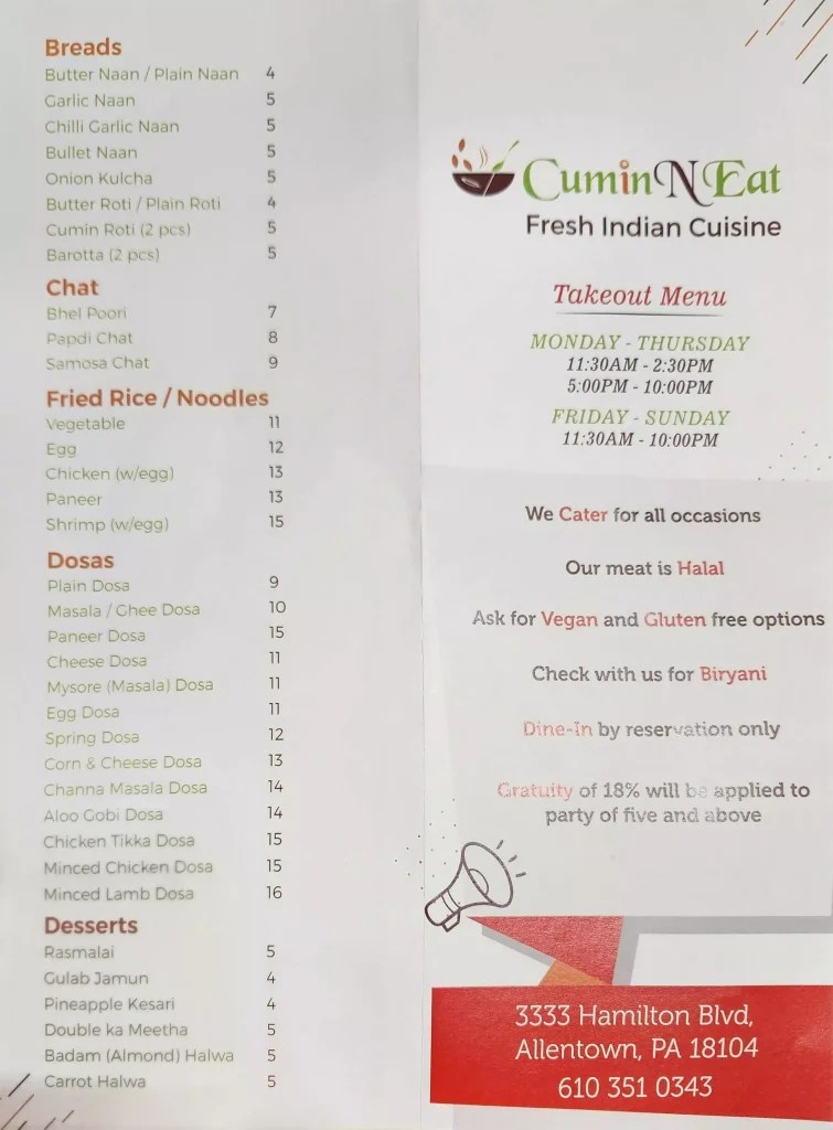 Cumin N Eat Menu (Updated September 2024)