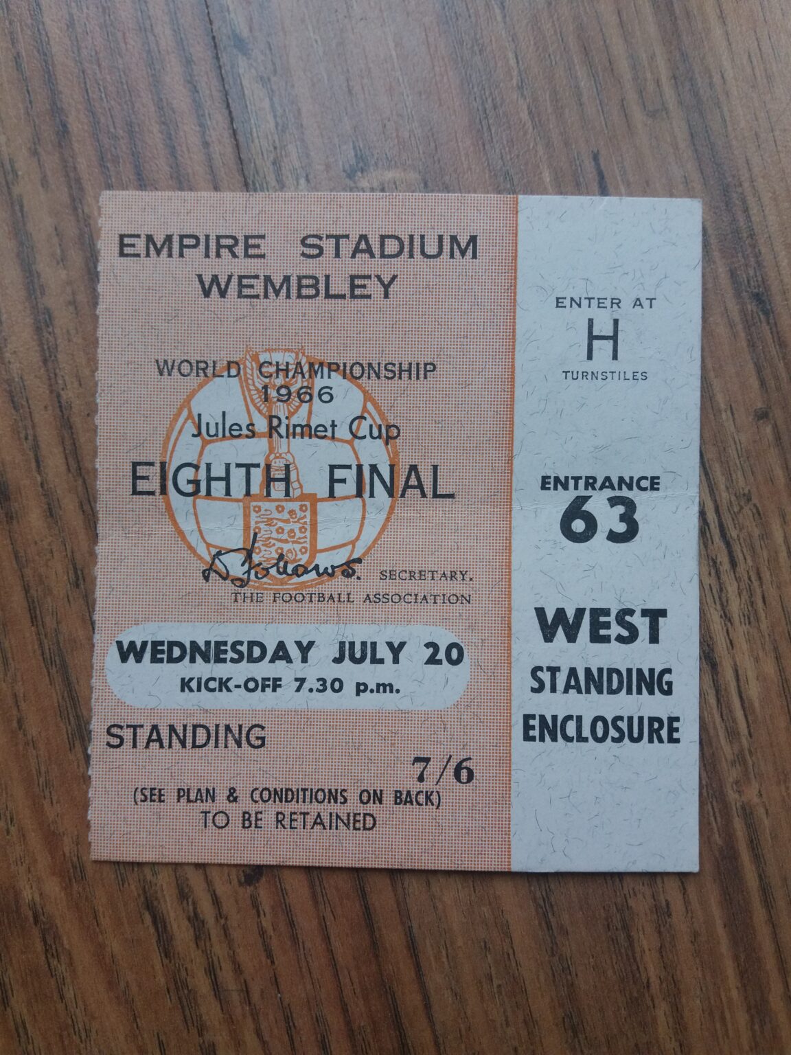 1966 World Cup Finals Group Ticket England vs France Cup Final
