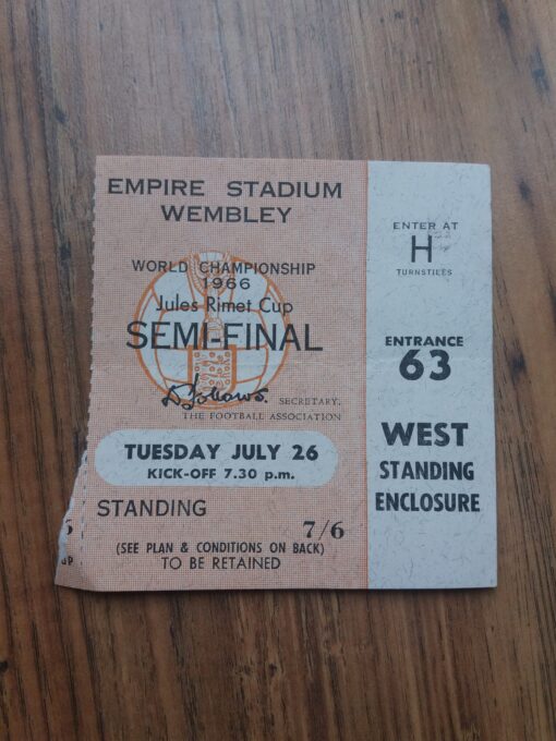 1966 World Cup Semi Final Ticket England vs Portugal Cup Final
