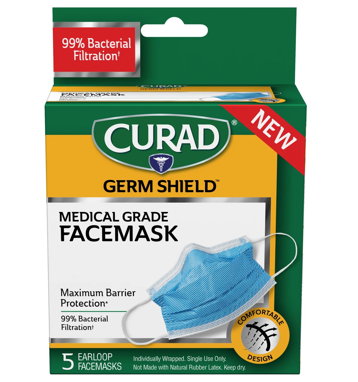 Medical Grade Earloop Facemask, One Size, 5 count Curad Bandages