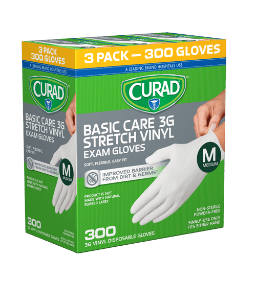 Basic Care 3G Stretch Vinyl Exam Gloves Medium Curad Bandages
