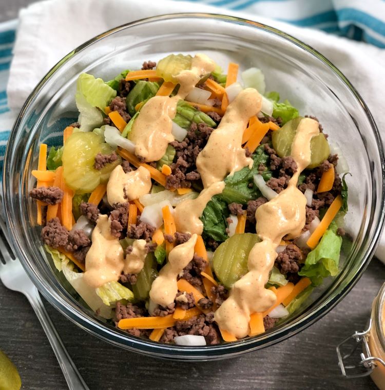 Keto Big Mac Salad with Big Mac Dressing Curbing Carbs