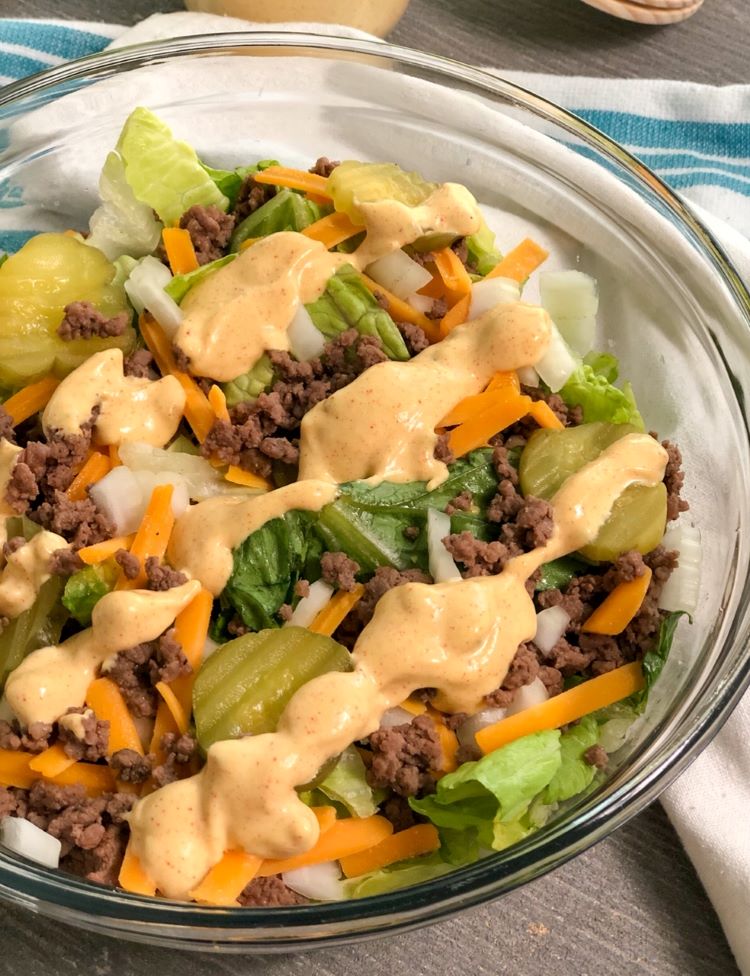 Keto Big Mac Salad with Big Mac Dressing Curbing Carbs