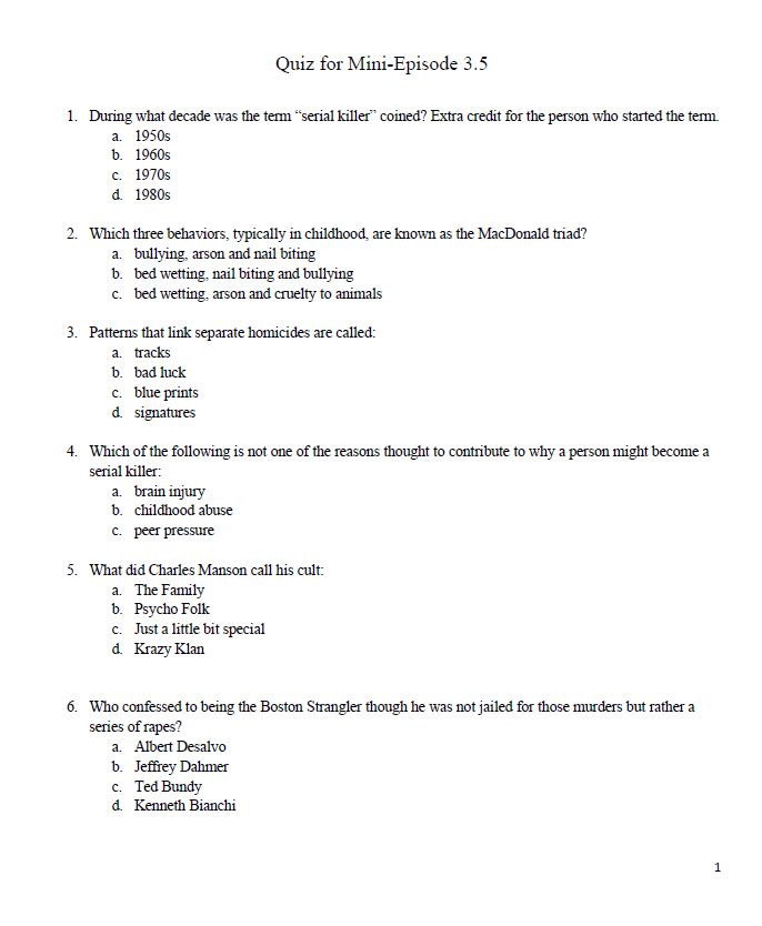 Serial Killer Quiz from Episode 3.5 Curiosity Kills Podcast