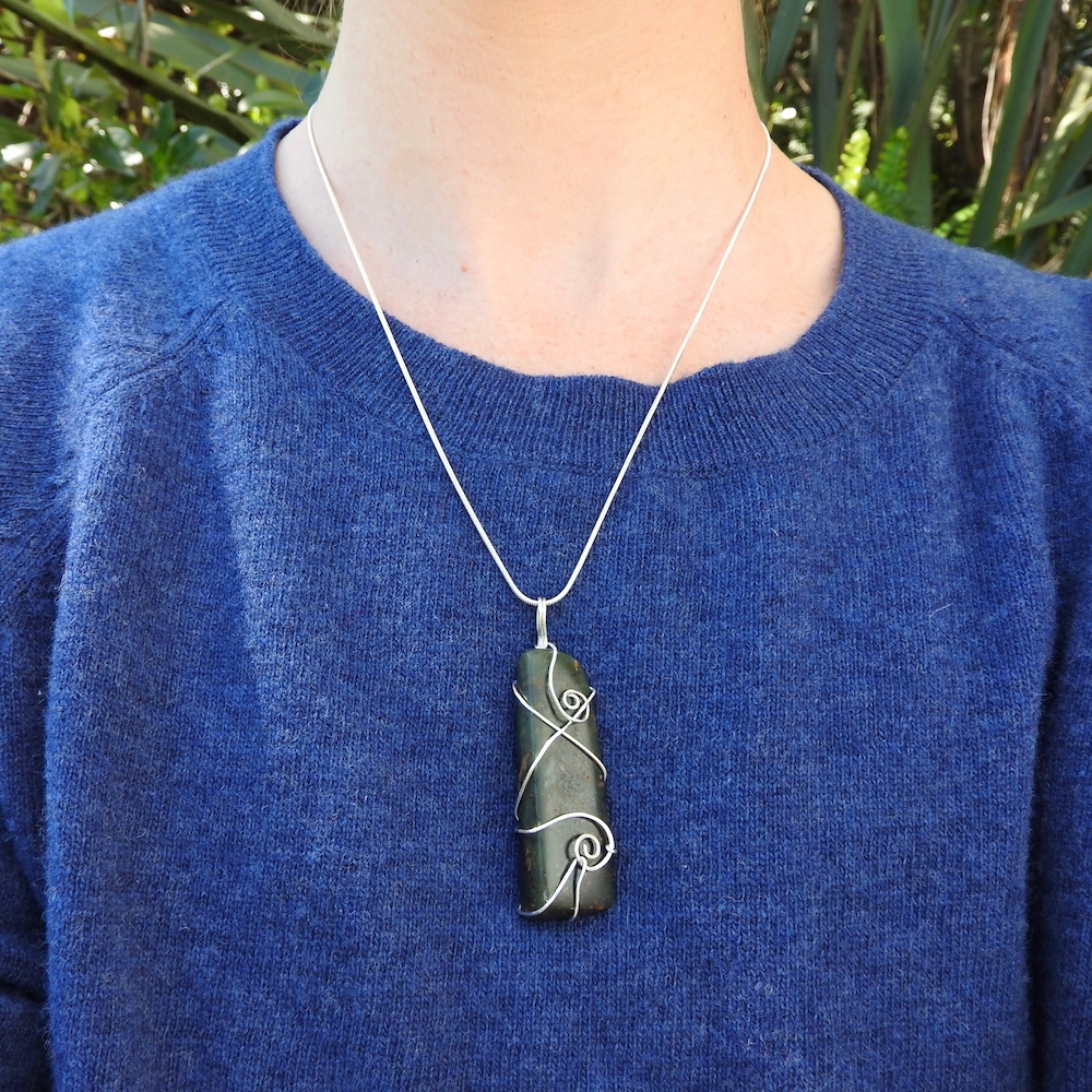 NZ Greenstone Wedge Necklace in Eco Silver Sustainably Elegant Eco Jewellery Handmade in New